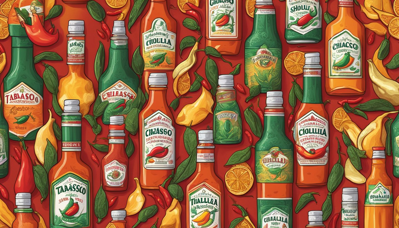 A sizzling hot sauce showdown between Tabasco and Cholula, with bottles lined up on a fiery red background, surrounded by chili peppers and flames