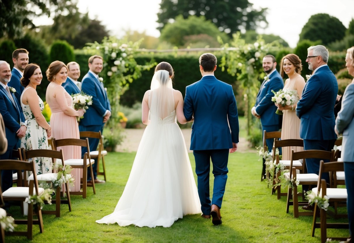 A couple walks away from a simple, intimate wedding ceremony in a garden, surrounded by close friends and family. The scene is filled with warmth and joy