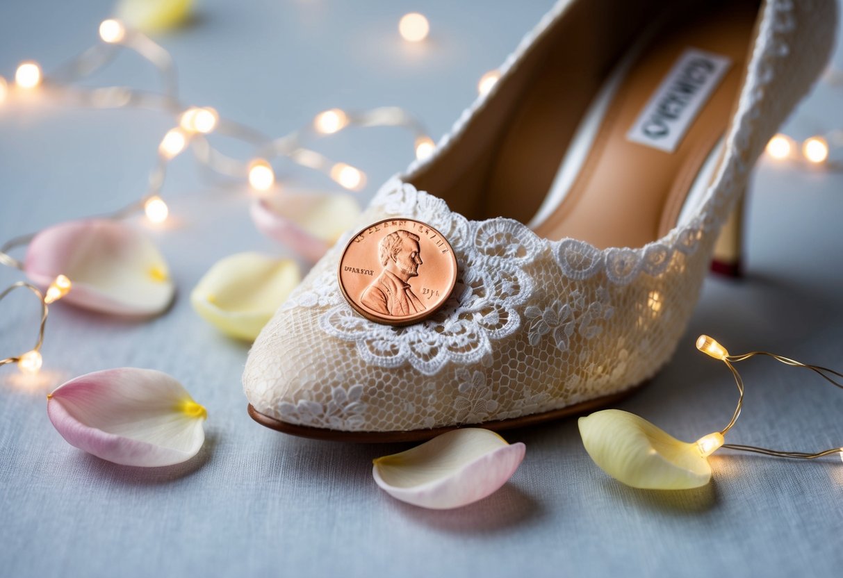 A shiny penny nestled in a delicate lace bridal shoe, surrounded by soft petals and twinkling fairy lights