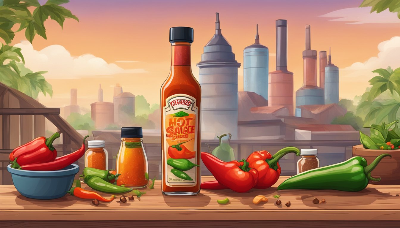 Two bottles of hot sauce sit on a wooden table, surrounded by various peppers and spices. A factory in the background produces the sauces