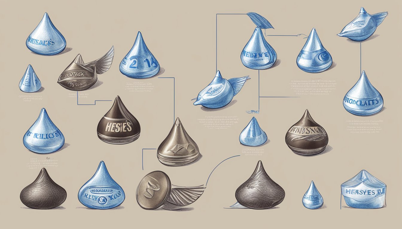 A timeline of Hershey's Kisses and Dove chocolates, from their inception to their modern-day packaging and branding