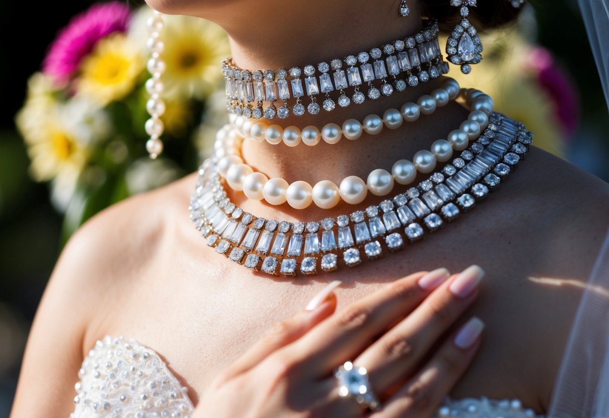 A bride's jewelry sparkles in the sunlight, adorned with shimmering pearls and diamonds, reflecting the colors of the surrounding flowers