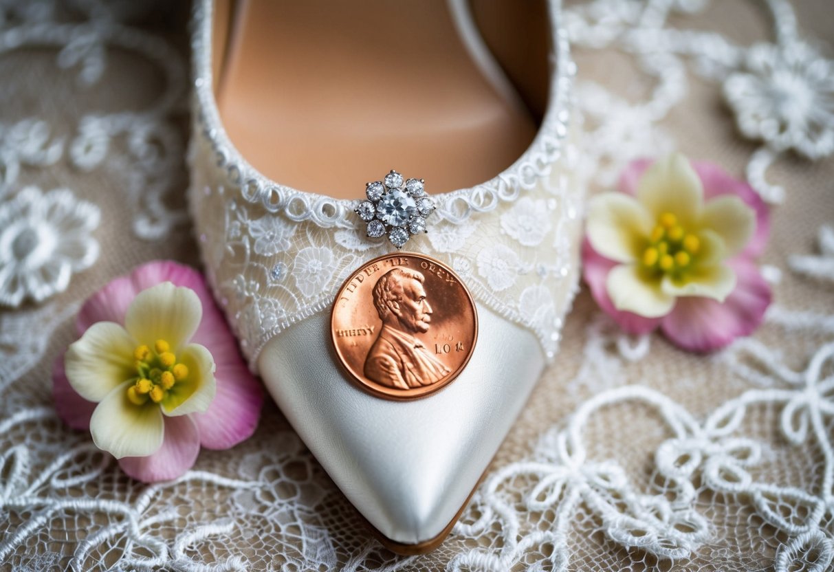 A bride's shoe with a penny inside, surrounded by delicate lace and floral accents