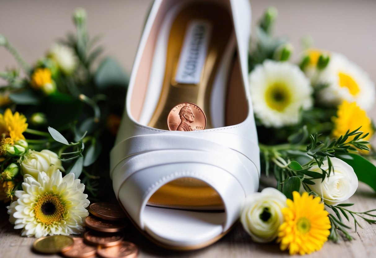 A bride's shoe with a penny tucked inside, surrounded by flowers and wedding accessories