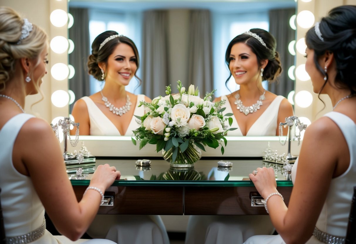 A dressing table with two sets of jewelry and a bouquet of flowers, indicating the presence of both the mother of the groom and the bride getting ready together