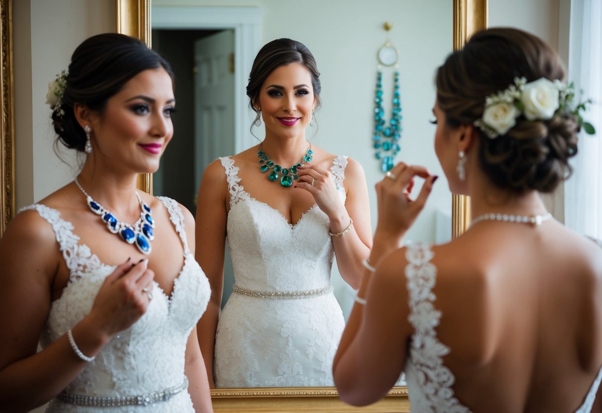 A bride stands in front of a mirror, trying on various colored pieces of jewelry, each reflecting a different aspect of her personality and the meaning behind her wedding day