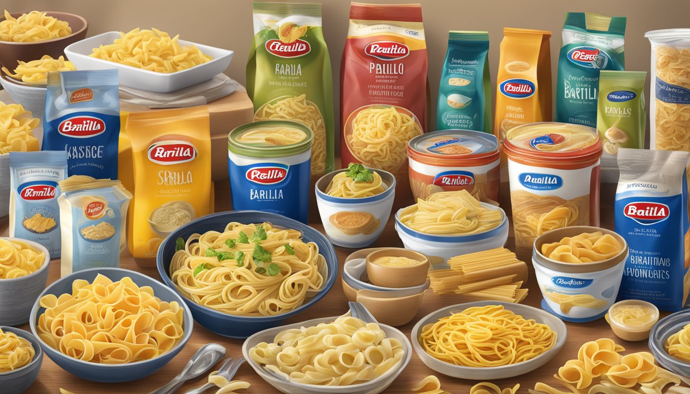 A table filled with various prego and barilla pasta products