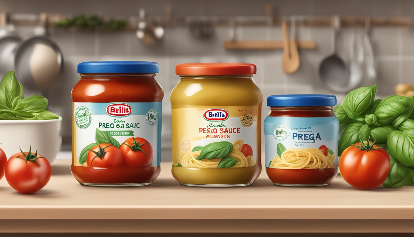 Two jars of Prego and Barilla pasta sauce on a kitchen counter, surrounded by fresh tomatoes, basil, and garlic