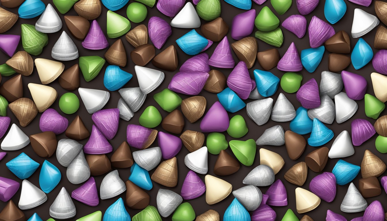 A pile of Hershey's Kisses and Dove chocolates, showing their different shapes and textures