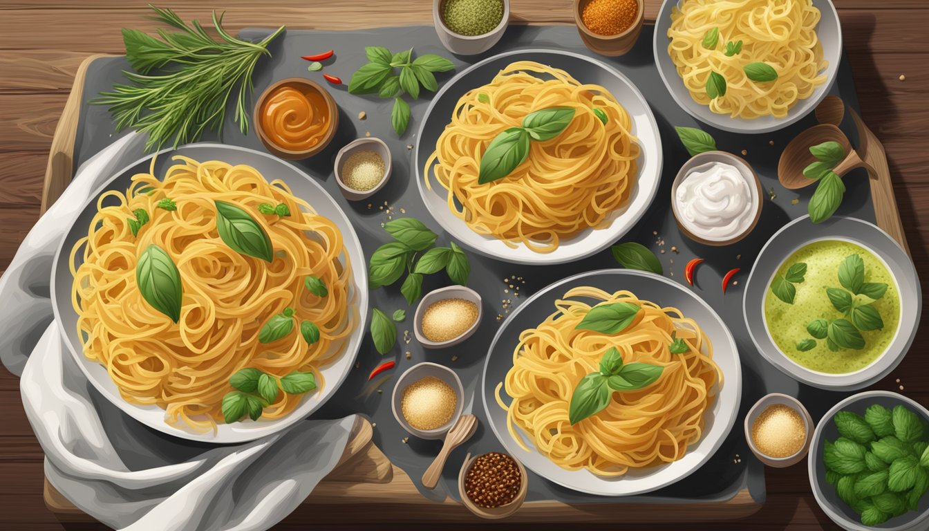 A steaming plate of pasta with two bowls of sauce, surrounded by fresh herbs and spices