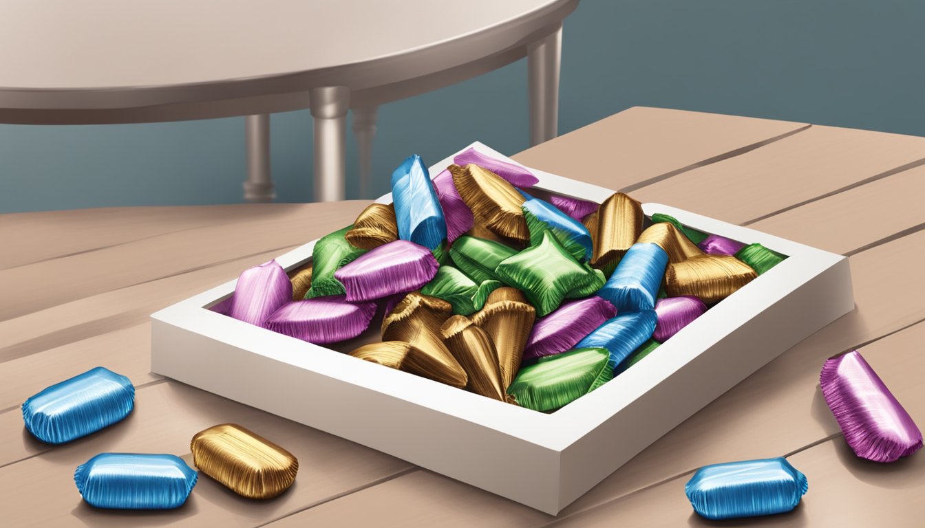 A table with two piles of chocolates, one with Hershey's Kisses and the other with Dove chocolates. Each pile is neatly packaged and presented