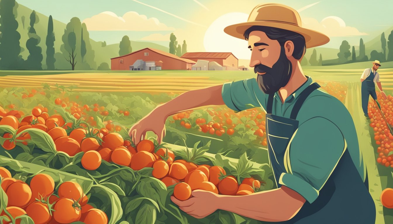 A farmer harvesting organic tomatoes in a sun-drenched field, while a factory processes sustainable ingredients for pasta production