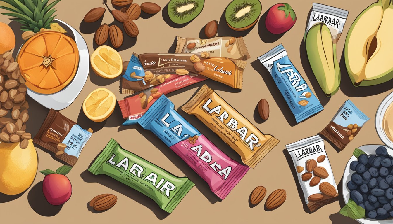 A table with two protein bars, one labeled "Larabar" and the other "RXBar," surrounded by various fruits and nuts