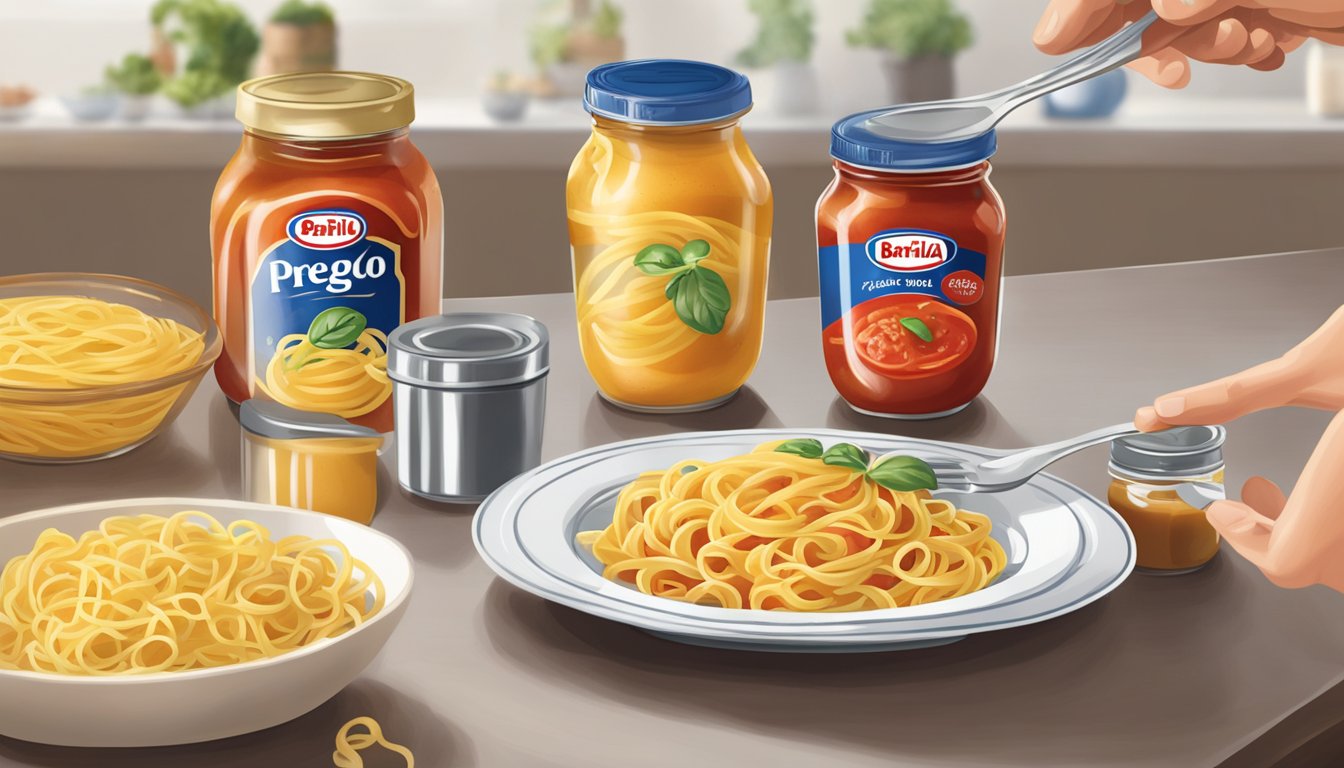 A table with two jars of pasta sauce, one labeled "Prego" and the other "Barilla." A person scooping sauce onto a plate