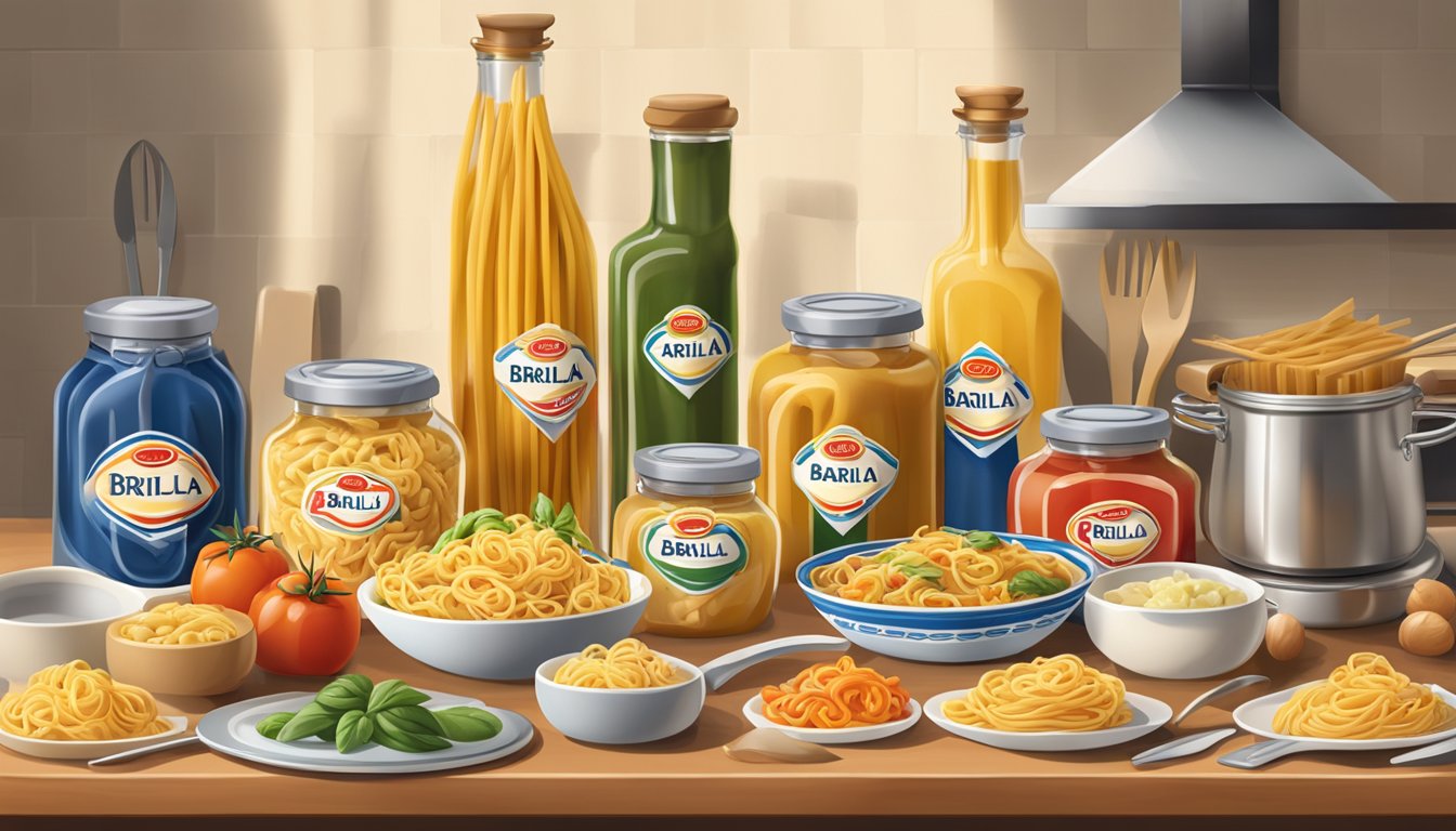 A table set with plates of pasta and jars of Prego and Barilla sauces, surrounded by traditional and modern cooking utensils