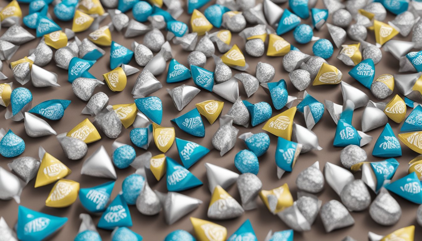 A display of Hershey's Kisses and Dove chocolates side by side on a market shelf, with bright packaging and clear branding