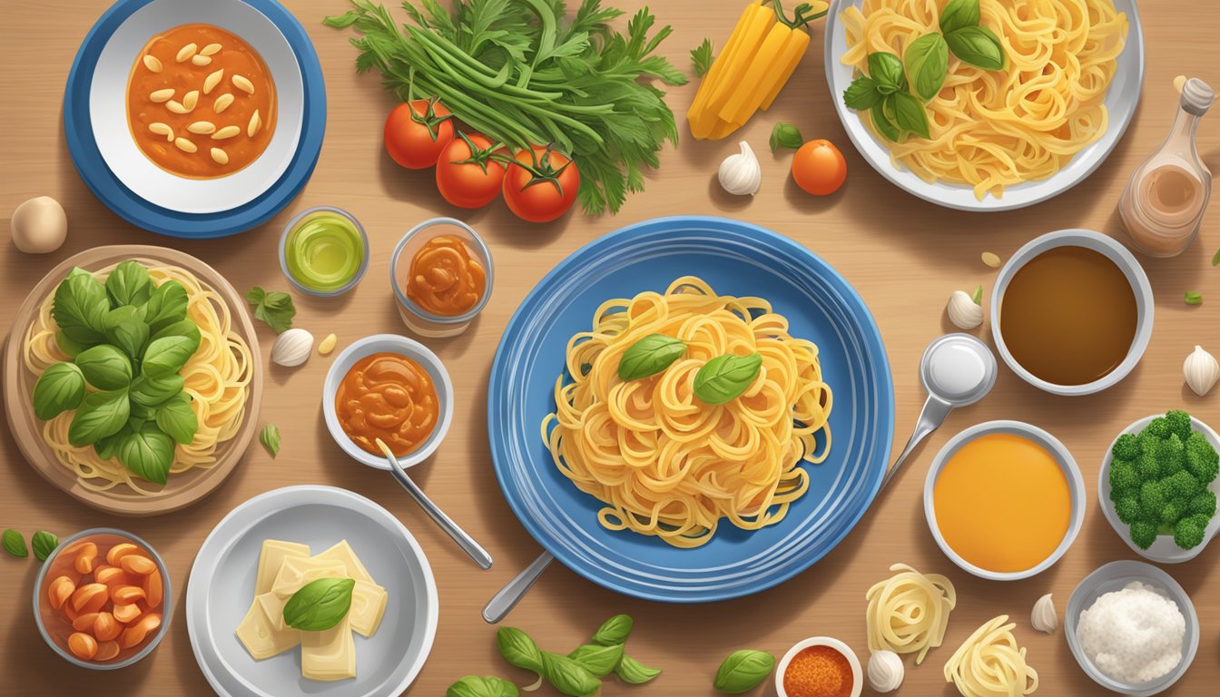 A table with two plates of pasta, one with prego sauce and the other with barilla sauce, surrounded by various vegetables and dietary supplements