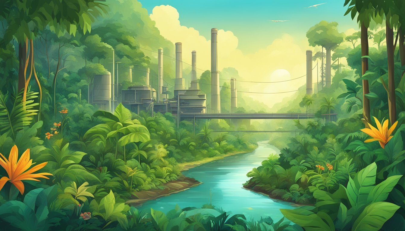 A lush rainforest with vibrant flora and fauna, contrasted by a factory emitting pollution and waste into a nearby river