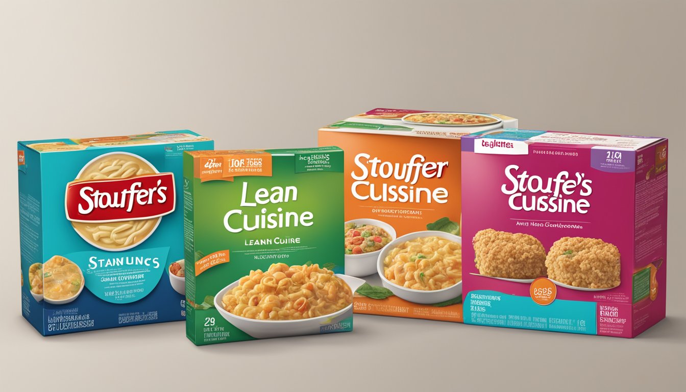 A split-screen comparison of Stouffer's and Lean Cuisine packaging, with logos and key historical milestones displayed alongside each brand