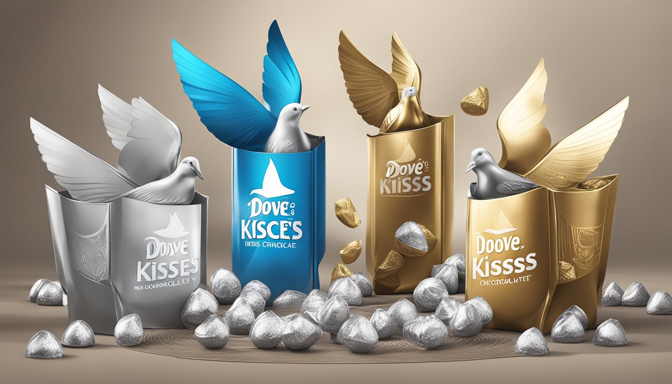 A futuristic display of Hershey's Kisses and Dove chocolate, showcasing innovative packaging and design