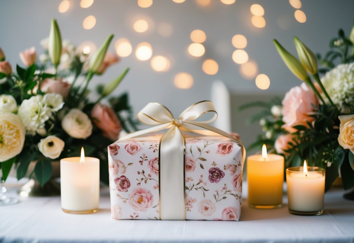 A beautifully wrapped wedding gift on a table, surrounded by flowers and candles