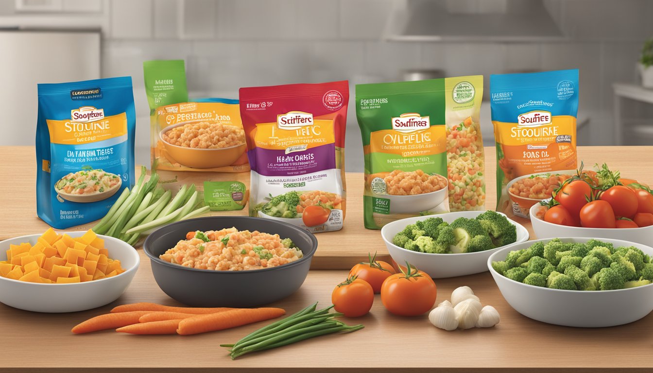 A table with Stouffer's and Lean Cuisine frozen meal packages, surrounded by fresh vegetables and a nutrition label