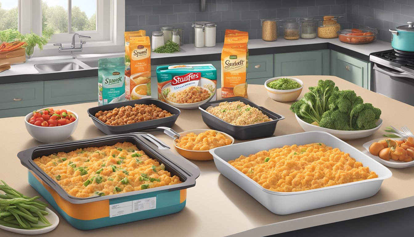 A kitchen counter with boxes of Stouffer's and Lean Cuisine frozen meals, surrounded by cooking utensils and fresh ingredients