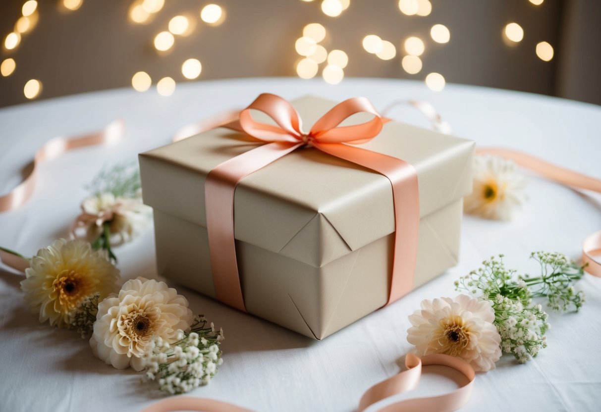 A beautifully wrapped gift box sits on a table, surrounded by delicate flowers and elegant ribbons