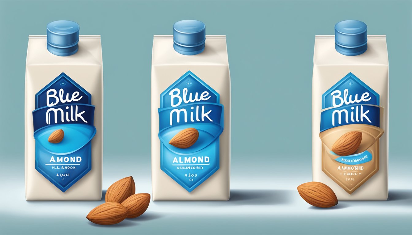 A glass of almond milk sits between two cartons, one labeled "Blue Diamond" and the other "Silk."