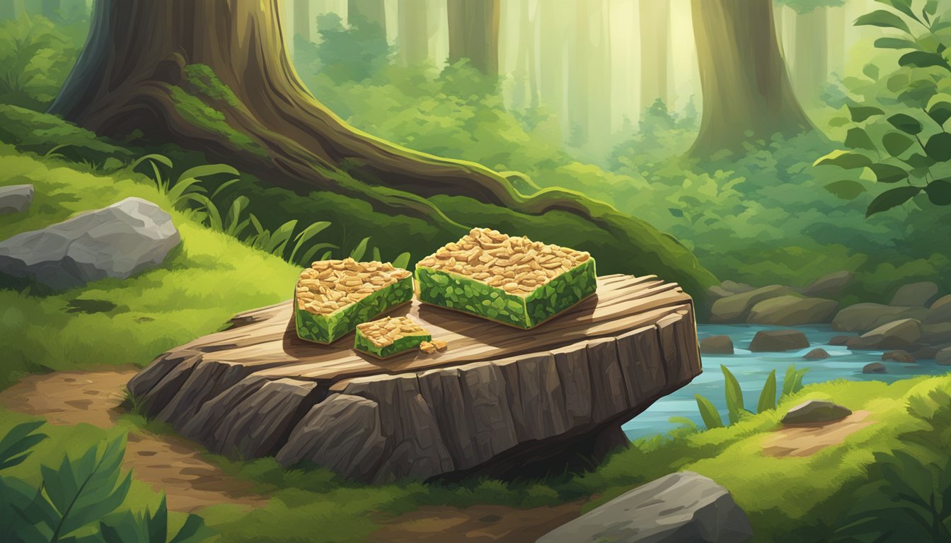 A lush green forest with a winding trail. A Nature Valley granola bar sits on a tree stump, while a Kind bar rests on a moss-covered rock