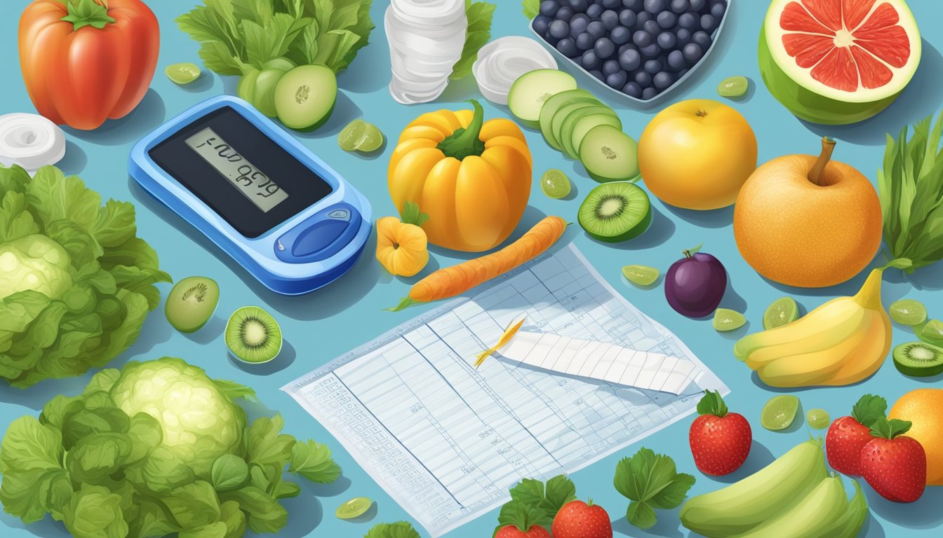 A table with blue diamond and silk products, surrounded by fruits and vegetables, with a nutrition label and a measuring tape