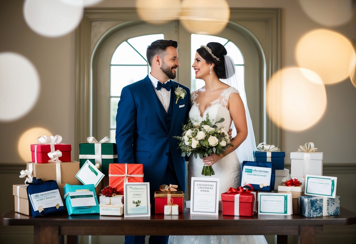 A bride and groom standing in front of a table filled with non-traditional wedding gifts such as travel vouchers, charity donation certificates, and experiences