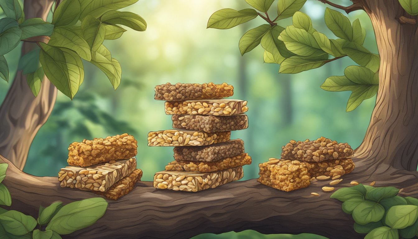 A lush forest with a variety of granola bars displayed on tree branches