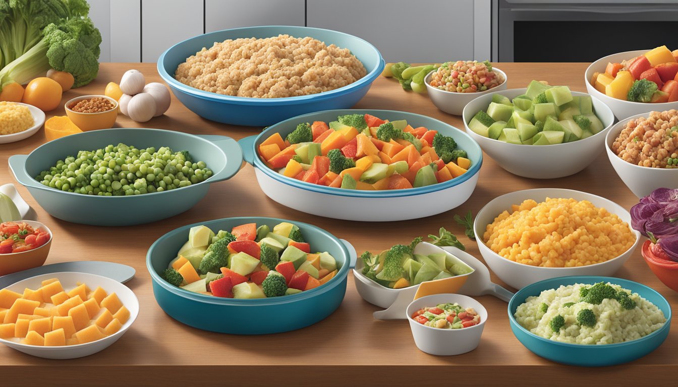 A colorful array of Stouffer's and Lean Cuisine frozen meals arranged on a kitchen counter, surrounded by fresh fruits and vegetables