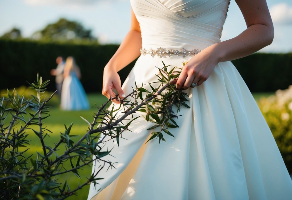 The borrowed dress is accidentally torn on a thorny bush while being worn at an outdoor event