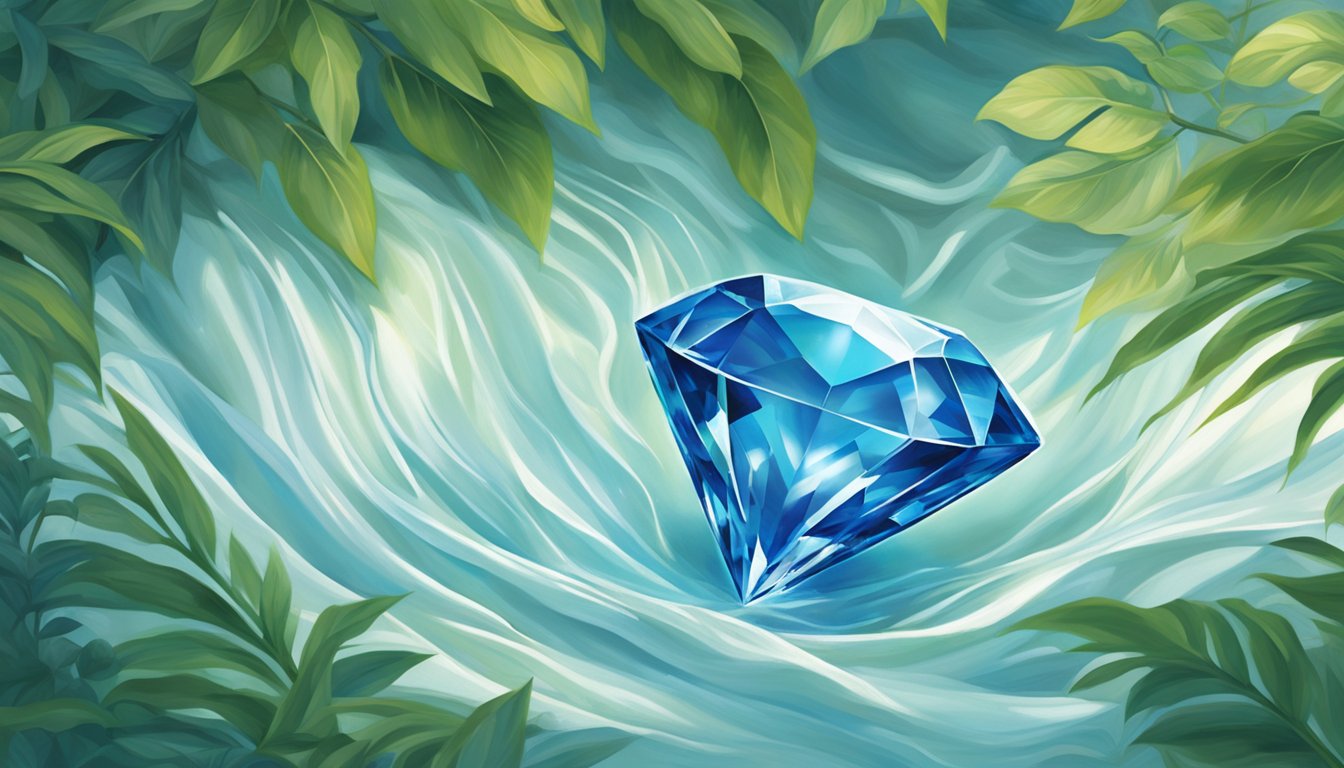 A sparkling blue diamond rests on a bed of soft, ethically-sourced silk, surrounded by lush green foliage and clear, flowing water