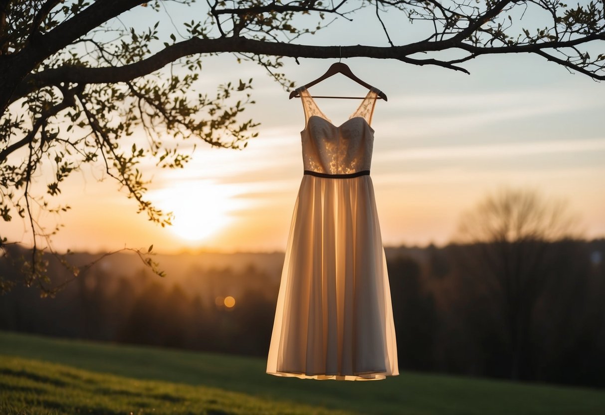 The borrowed dress hangs on a tree branch, caught in the wind, as the sun sets behind it, casting a warm glow on the fabric