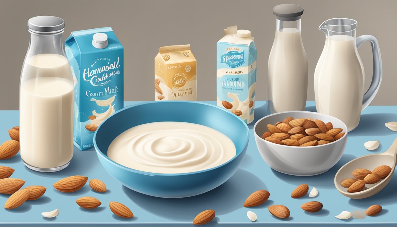 A kitchen counter with two cartons of almond milk, one Blue Diamond and one Silk, surrounded by various cooking utensils and ingredients