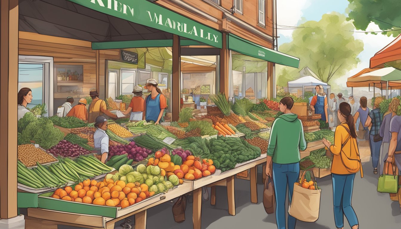 A bustling farmer's market with fresh produce and artisanal goods, showcasing the difference in ingredient quality and sourcing between Nature Valley and Kind bars