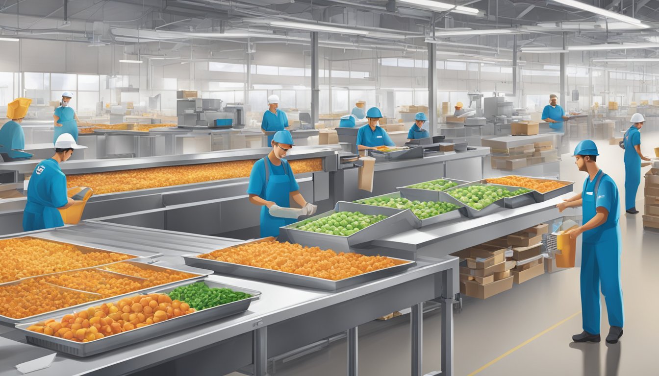 A bustling factory with solar panels and recycling bins, workers in sustainable uniforms packaging Stouffer's and Lean Cuisine meals