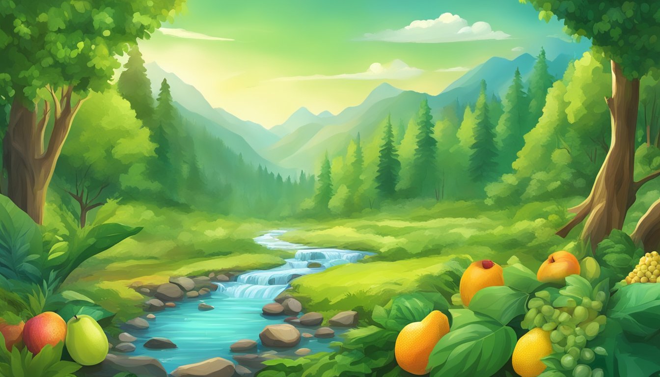 A lush green forest with a clear stream running through it, surrounded by vibrant fruits and nuts, with a Nature Valley and Kind bar nestled among the natural scenery