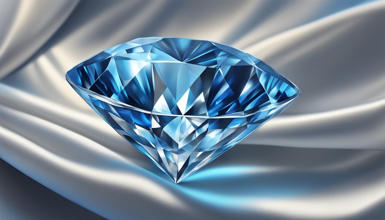 A sparkling blue diamond sits atop a luxurious silk fabric, catching the light and exuding elegance and opulence