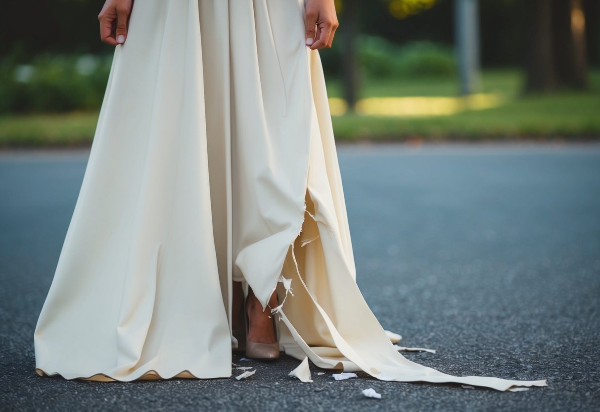The borrowed dress gets caught on a sharp object and tears apart, leaving the fabric in tatters on the ground