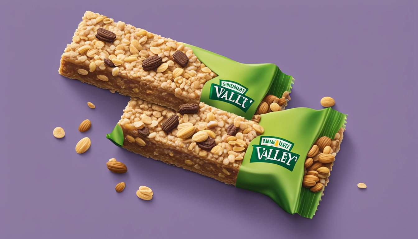 A granola bar split in half, one side showing the crunchy texture of Nature Valley, the other showing the soft, chewy texture of Kind