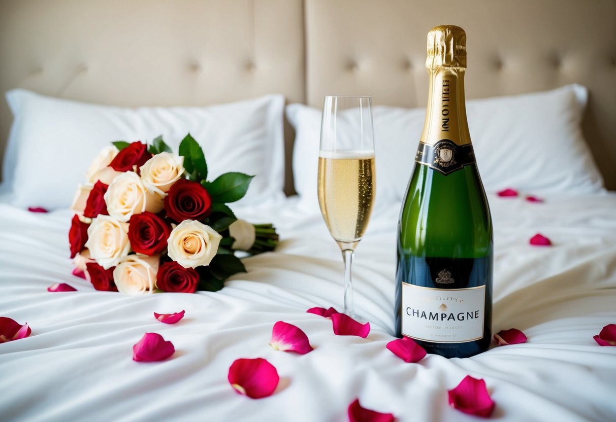 A bridal bouquet, a bottle of champagne, and a bed with rose petals scattered on the sheets