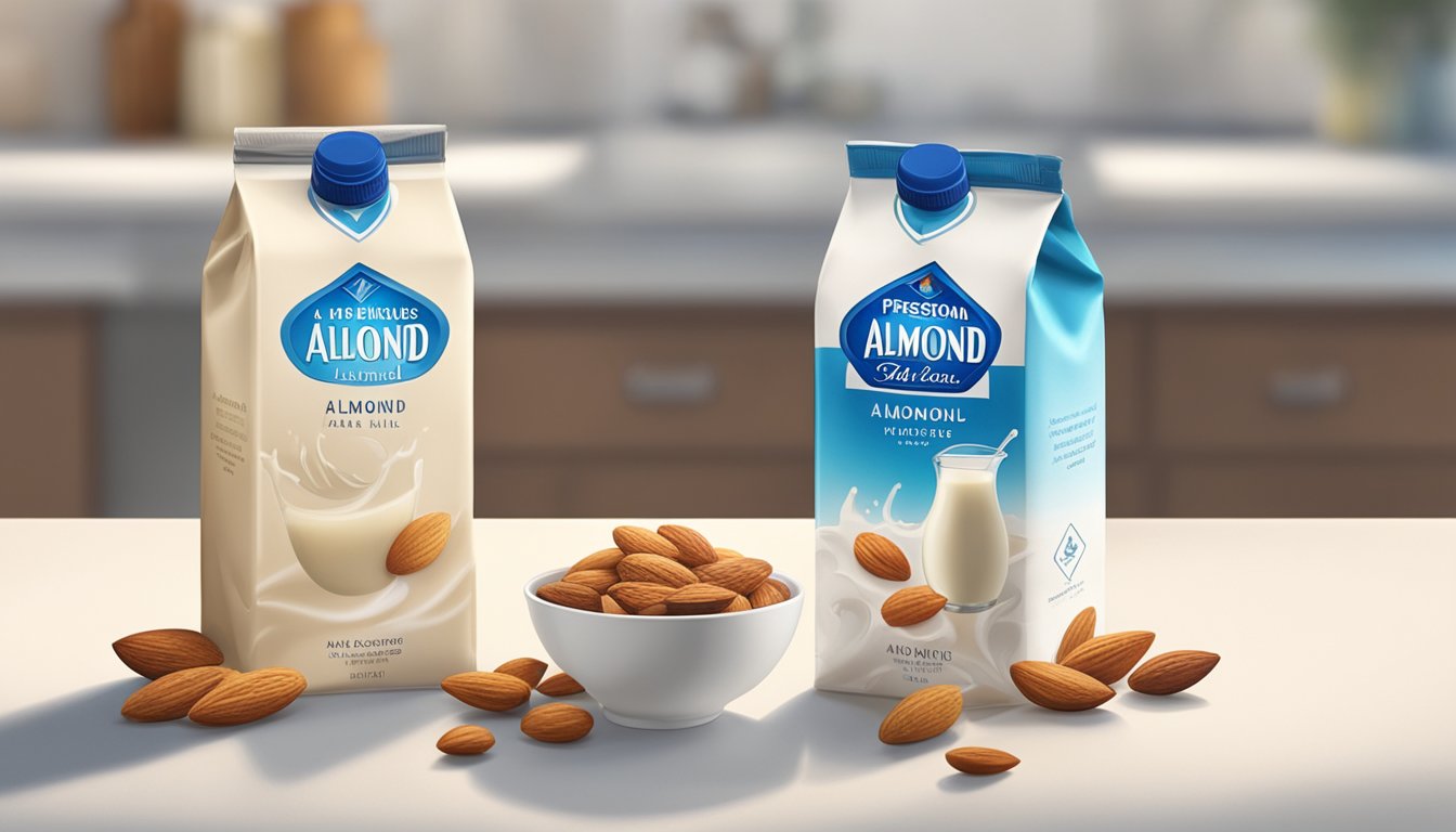 Two cartons of almond milk, one Blue Diamond and one Silk, sit side by side on a kitchen counter, surrounded by almonds and silk fabric