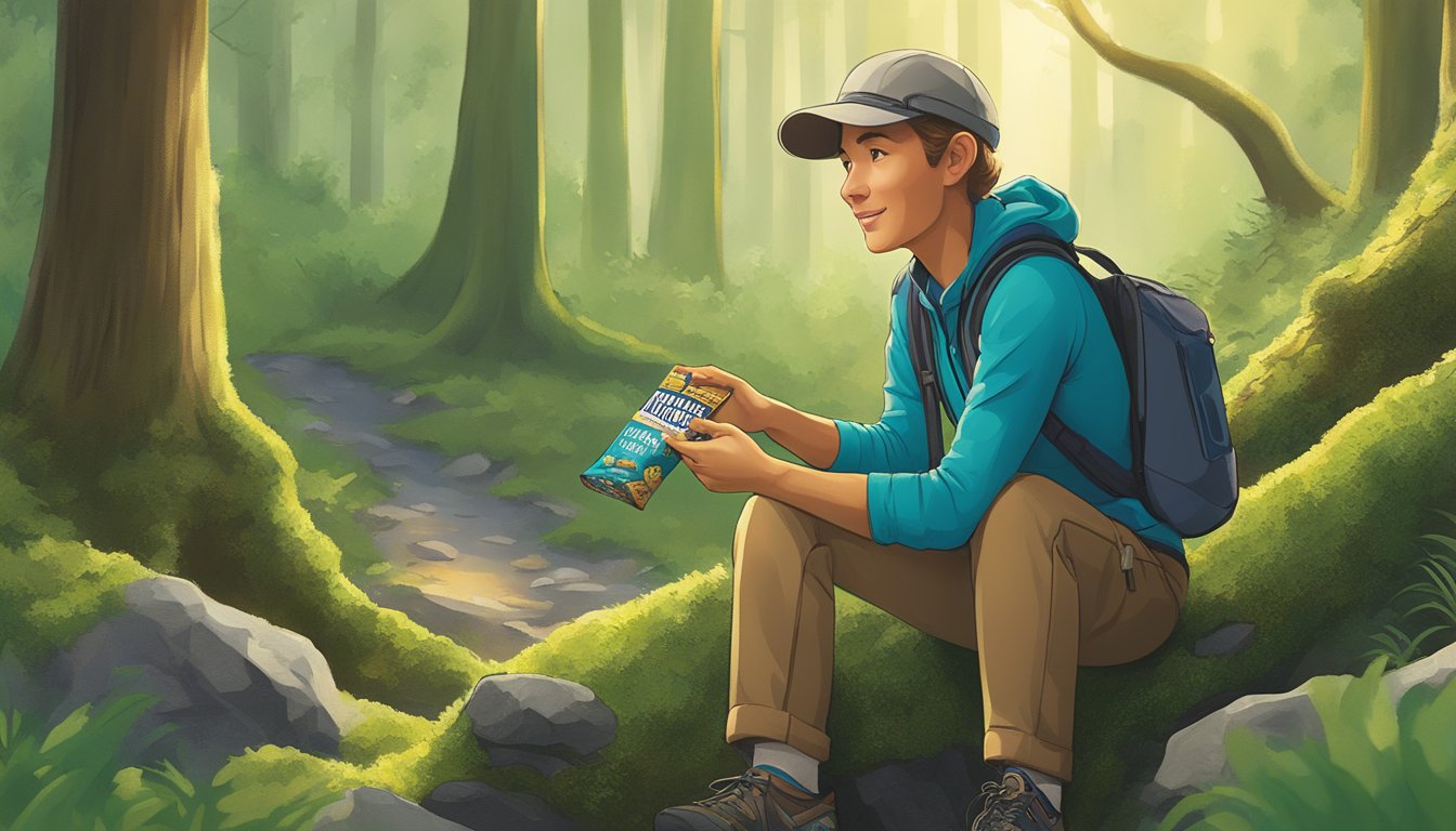 A hiker opens a Nature Valley granola bar while sitting on a mossy rock. Nearby, a cyclist enjoys a Kind bar under a tree