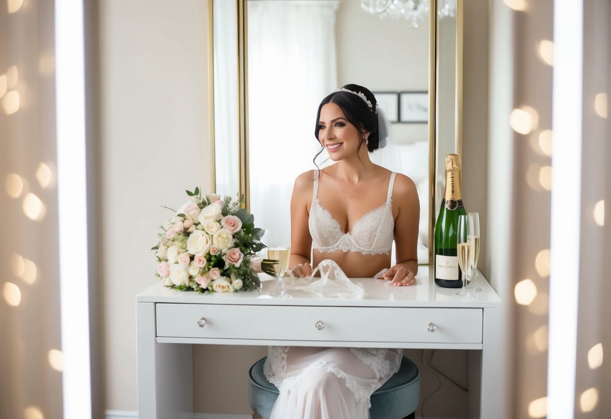 A bride sitting at a vanity, surrounded by delicate lingerie, a bottle of champagne, and a bouquet of flowers