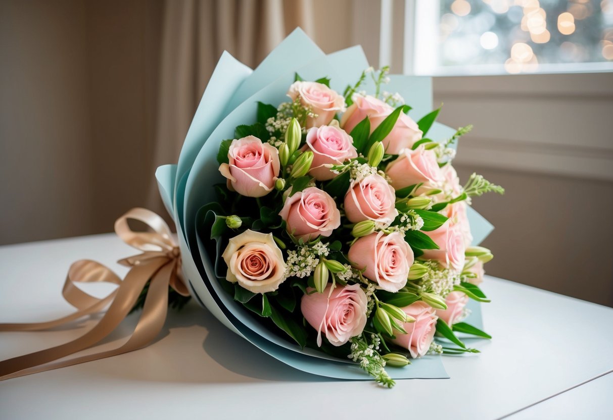 A beautiful bouquet of flowers wrapped in elegant ribbon