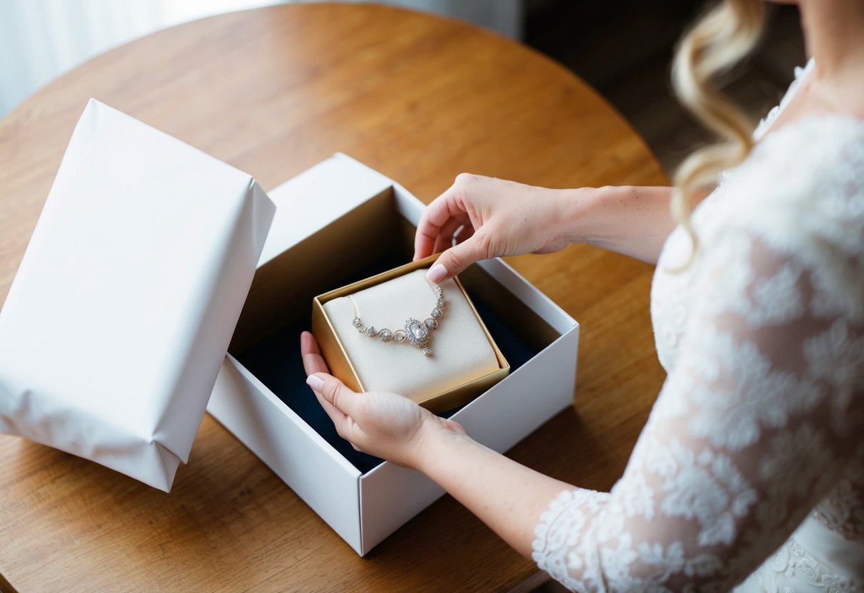 A bride receiving a beautifully wrapped package containing a vintage piece of jewelry from a loved one